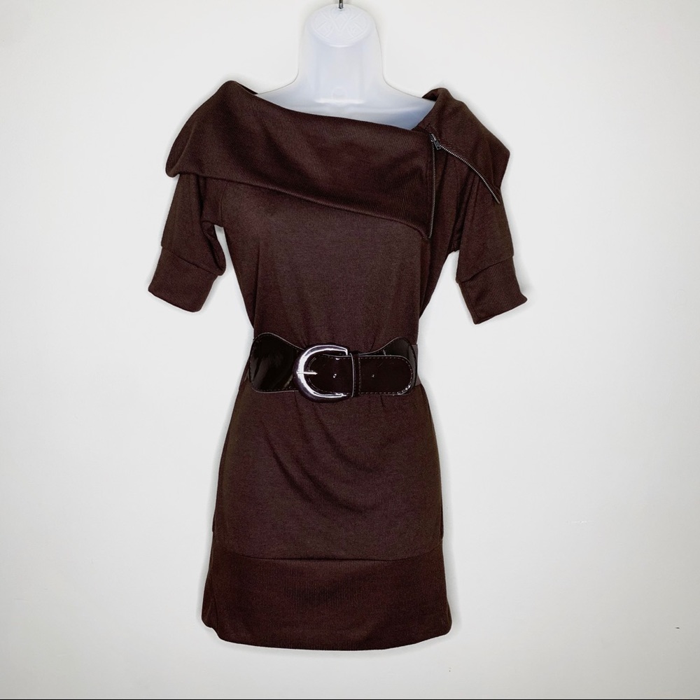 Vintage Y2K Brown Asymmetric Zip Knit Mini Dress Juniors Sz L Long Sweater Belt